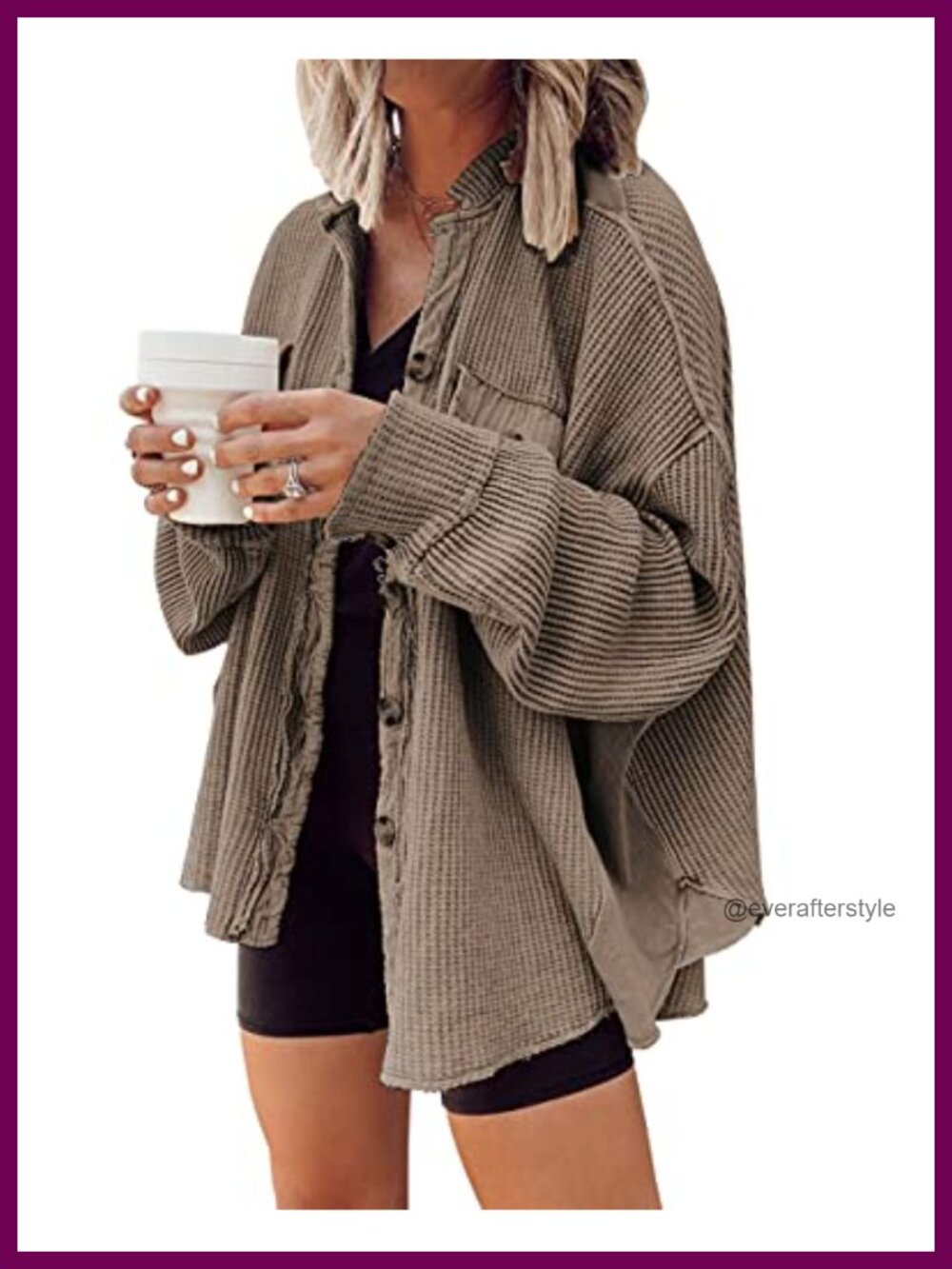 Waffle Knit Button Down Shacket Batwing Sleeve Loose Fit Tops